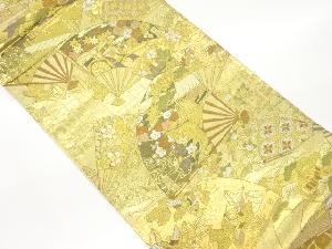 扇に御所車・鶴・花々模様織出し袋帯